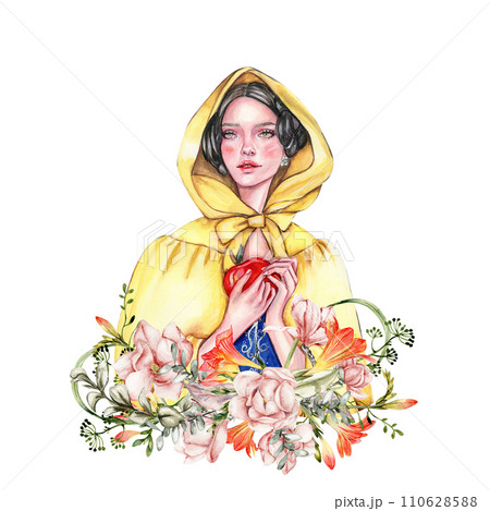 Composition with girl with dark hair in yellow raincoat with apple in her hands and flowers. Hand drawn watercolor illustration based on fairy tale. Can be used for poster, t-shirt printing, post card 110628588
