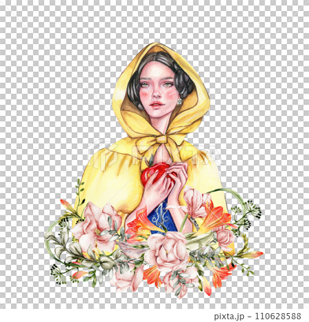 Composition with girl with dark hair in yellow raincoat with apple in her hands and flowers. Hand drawn watercolor illustration based on fairy tale. Can be used for poster, t-shirt printing, post card 110628588