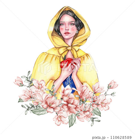 Composition with girl with dark hair in yellow raincoat with apple in her hands and flowers. Hand drawn watercolor illustration based on fairy tale. Can be used for poster, t-shirt printing, post card 110628589