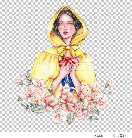 Composition with girl with dark hair in yellow raincoat with apple in her hands and flowers. Hand drawn watercolor illustration based on fairy tale. Can be used for poster, t-shirt printing, post card Composition with girl with dark hair in yellow raincoat with apple in her hands and flowers. Hand drawn watercolor illustration based on fairy tale. Can be used for poster, t-shirt printing, post card 110628589
