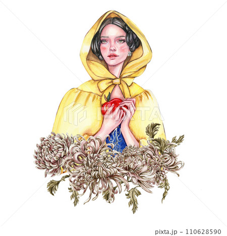 Composition with girl with dark hair in yellow raincoat with apple in her hands and flowers. Hand drawn watercolor illustration based on fairy tale. Can be used for poster, t-shirt printing, post card Composition with girl with dark hair in yellow raincoat with apple in her hands and flowers. Hand drawn watercolor illustration based on fairy tale. Can be used for poster, t-shirt printing, post card 110628590