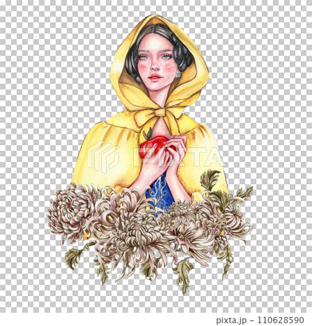 Composition with girl with dark hair in yellow raincoat with apple in her hands and flowers. Hand drawn watercolor illustration based on fairy tale. Can be used for poster, t-shirt printing, post card 110628590