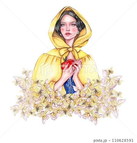 Composition with girl with dark hair in yellow raincoat with apple in her hands and flowers. Hand drawn watercolor illustration based on fairy tale. Can be used for poster, t-shirt printing, post card 110628591
