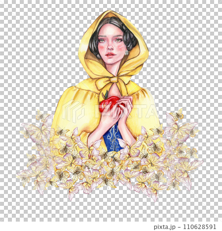 Composition with girl with dark hair in yellow raincoat with apple in her hands and flowers. Hand drawn watercolor illustration based on fairy tale. Can be used for poster, t-shirt printing, post card 110628591