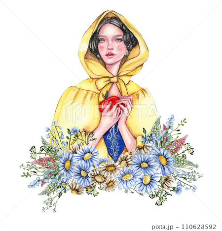 Composition with girl with dark hair in yellow raincoat with apple in her hands and flowers. Hand drawn watercolor illustration based on fairy tale. Can be used for poster, t-shirt printing, post card 110628592