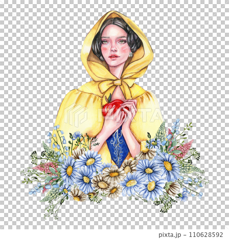 Composition with girl with dark hair in yellow raincoat with apple in her hands and flowers. Hand drawn watercolor illustration based on fairy tale. Can be used for poster, t-shirt printing, post card 110628592