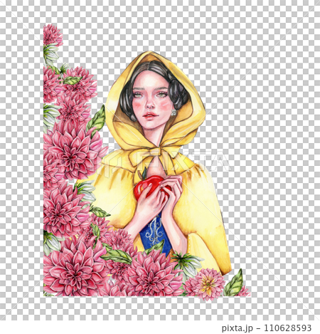 Composition with girl with dark hair in yellow raincoat with apple in her hands and flowers. Hand drawn watercolor illustration based on fairy tale. Can be used for poster, t-shirt printing, post card 110628593