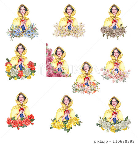 Composition with girl with dark hair in yellow raincoat with apple in her hands and flowers. Hand drawn watercolor illustration based on fairy tale. Can be used for poster, t-shirt printing, post card 110628595