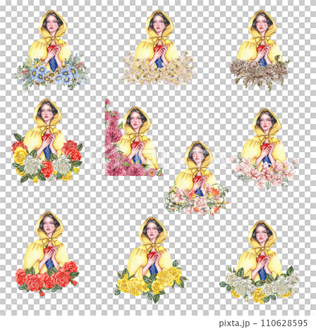Composition with girl with dark hair in yellow raincoat with apple in her hands and flowers. Hand drawn watercolor illustration based on fairy tale. Can be used for poster, t-shirt printing, post card 110628595