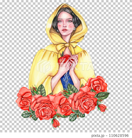 Composition with girl with dark hair in yellow raincoat with apple in her hands and flowers. Hand drawn watercolor illustration based on fairy tale. Can be used for poster, t-shirt printing, post card 110628596
