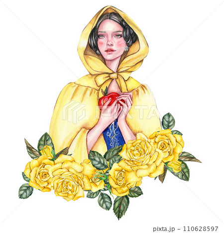 Composition with girl with dark hair in yellow raincoat with apple in her hands and flowers. Hand drawn watercolor illustration based on fairy tale. Can be used for poster, t-shirt printing, post card 110628597