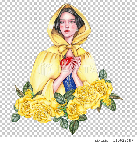 Composition with girl with dark hair in yellow raincoat with apple in her hands and flowers. Hand drawn watercolor illustration based on fairy tale. Can be used for poster, t-shirt printing, post card 110628597