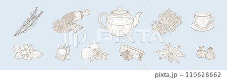 Herbal Tea Item and Element Sketch Hand Drawn Vector Set Herbal Tea Item and Element Sketch Hand Drawn Vector Set 110628662