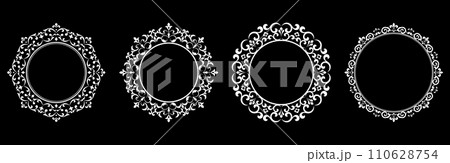 Set of decorative frames Elegant vector element for design in Eastern style, place for text. Floral black and white borders. Lace illustration for invitations and greeting cards. 110628754
