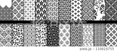 Geometric floral set of seamless patterns. White and black vector backgrounds. Damask graphic ornaments. Geometric floral set of seamless patterns. White and black vector backgrounds. Damask graphic ornaments. 110628755