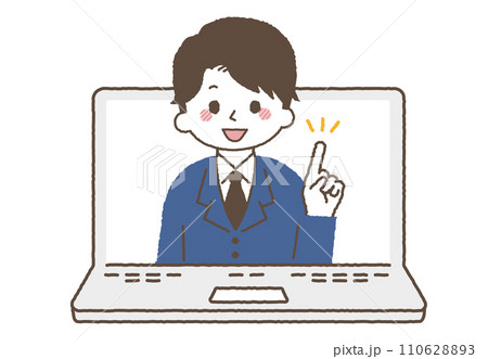 パソコンと男性講師。オンラインやリモートで説明をしている社会人。 110628893