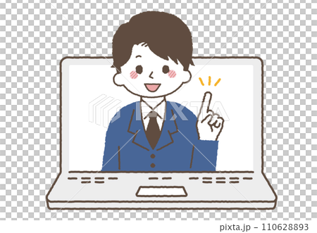 パソコンと男性講師。オンラインやリモートで説明をしている社会人。 110628893