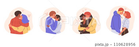 Two lovers hugging and kissing, enamored couple spending time together, romantic relationship vector cartoon set 110628956