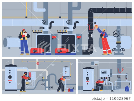 Valves, piping and boiler technicians engineering checking service, vector appliances, repair gas pumping station 110628967