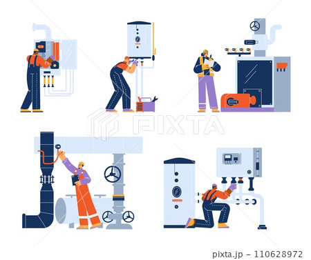 Engineers and technicians check, control, repair and fix boiler and heating system. 110628972
