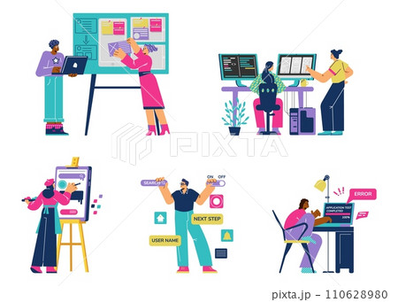Web, app development vector set, software developer working with computers, programmer engineering and coding interface 110628980