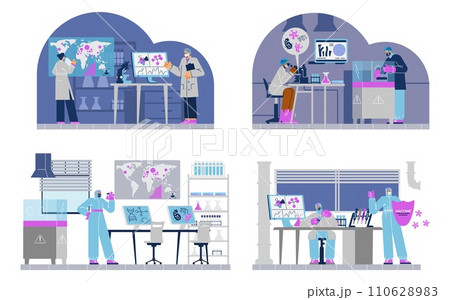 Set of virologist and scientist researching epidemic, studying viruses, making analysis and test. 110628983