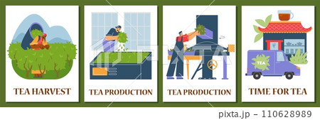 Tea production facility, grading, fermentation and delivery harvested leaves process, vector tea industry posters set Tea production facility, grading, fermentation and delivery harvested leaves process, vector tea industry posters set 110628989