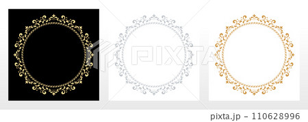 Set of decorative frames Elegant vector element for design in Eastern style, place for text. Floral black, gold and gray borders. Lace illustration for invitations and greeting cards 110628996