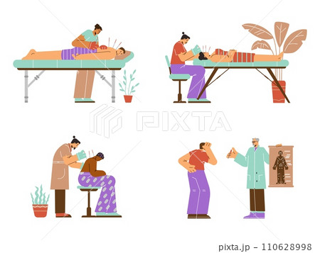 Acupuncture treatment vector set, acupuncturist inserts needles in the patient's face or back, alternative medicine 110628998