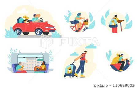 People travel with pets, set of vector illustrations, flat cartoon style 110629002