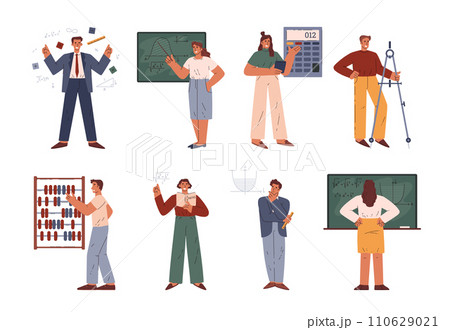 People make mathematical calculations, formulas, equations and graph with mathematician and geometric tools vector set 110629021