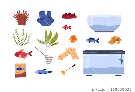 Aquarium equipment, set of vector illustrations on white background 110629025