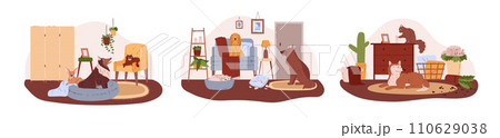 Good and bad pets behavior in cozy home, apartment, damaged pillow, turned plant pot, vector set of pets surprise 110629038
