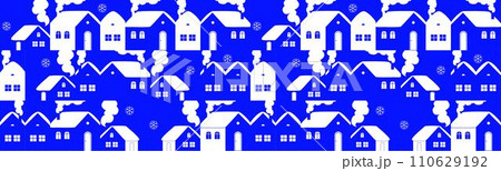 Graphic Christmas pattern. Holidays 2024 postcard. Cozy winter village. 110629192