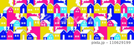 Graphic Christmas pattern. Holidays 2024 postcard. Cozy winter village. 110629199