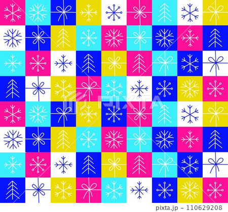 Graphic Christmas seamless pattern. Holidays 2024 postcard. Square Line icons Graphic Christmas seamless pattern. Holidays 2024 postcard. Square Line icons 110629208