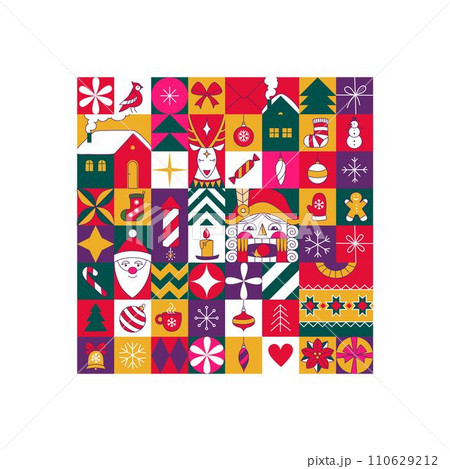 Graphic Christmas pattern. Holidays 2024 postcard. Square Line icons Graphic Christmas pattern. Holidays 2024 postcard. Square Line icons 110629212