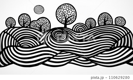 AI-generated content. Abstract black and white ink landscape with striped patterns creating rolling hills and whimsical trees under a patterned sky. 110629280