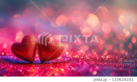 AI-generated content. Two red sparkling hearts in the foreground with a vibrant red bokeh effect, perfect for Valentine's Day decorations, romantic event flyers, and love-inspired graphic designs. AI-generated content. Two red sparkling hearts in the foreground with a vibrant red bokeh effect, perfect for Valentine's Day decorations, romantic event flyers, and love-inspired graphic designs. 110629281