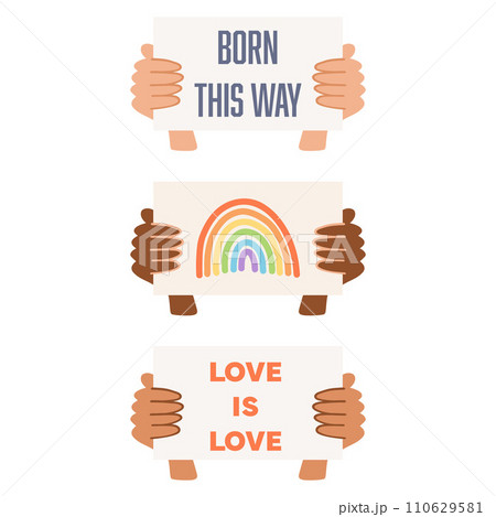 Set of hands with different skin colors holding posters. Pride month concept, lgbtq movement, people diversity, gender equality 110629581