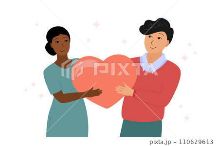 Multiracial couple in love together. Woman and man of different races holding big heart love symbol and smiling. Happy relationship, marriage, family. Vector illustration 110629613