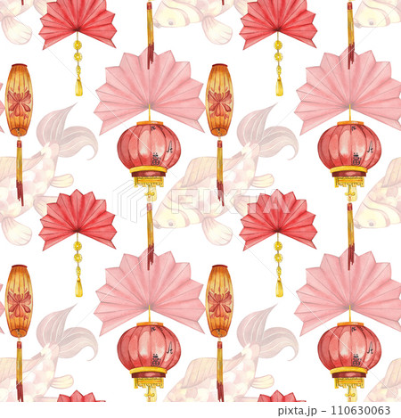 Seamless pattern on the theme of Chinese New Year 2024 Paper lanterns, fans and carps in red and yellow colors hand-drawn in watercolor on a white background. For printing on fabric, paper, decoration 110630063
