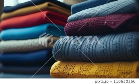 piles of clothes in the store there are ivory yellow and also blue piles of clothes in the store there are ivory yellow and also blue 110630366