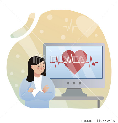 ECG illustration. Monitor, doctor, woman, heart. Editable vector graphic design. 110630515