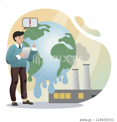 Global warming illustration. Man, earth, factory. Editable vector graphic design. 110630551
