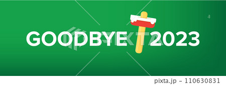 vector goodbye 2023 hello 2024 year vector concept illustration with melt ice cream isolated on horizontal green background. End of the 2023 year horizontal banner background or poster 110630831