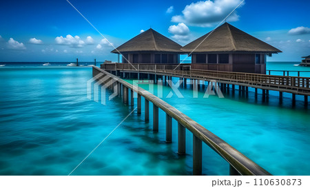 Maldives. View of the water bungalows from the pier. AI generated Maldives. View of the water bungalows from the pier. AI generated 110630873
