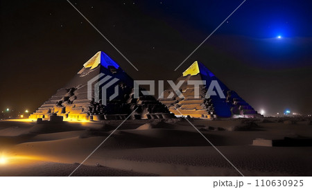Pyramids of Giza, Egypt, view of the pyramids at night. AI generated 110630925