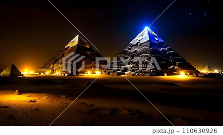 Pyramids of Giza, Egypt, view of the pyramids at night. AI generated 110630926