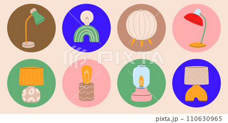Electric table lamps,lampshades,bedside nightlights set.Different lights from wood,glass,ceramic.Colorful design elements for home illumination ans decor isolated.Vector 110630965